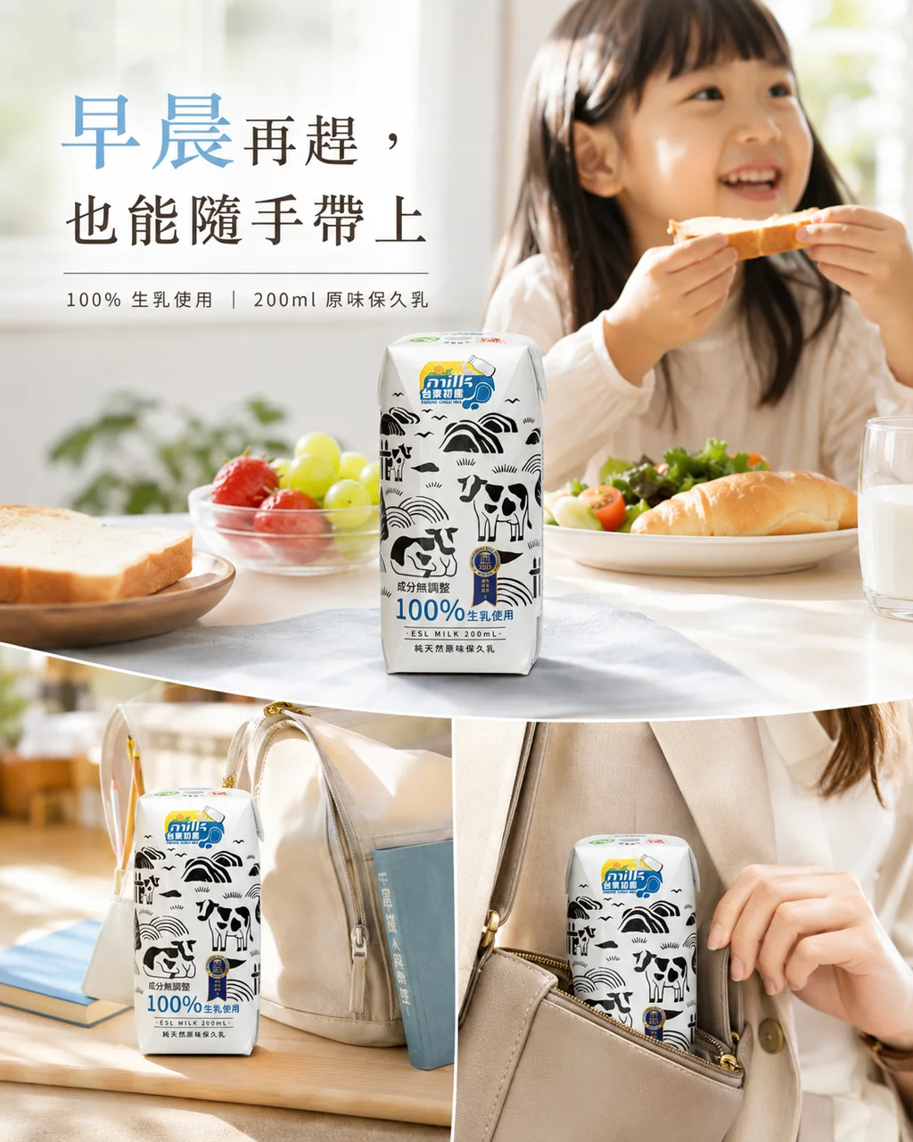 初鹿 200ml 原味保久乳的早餐與隨身攜帶導購情境圖