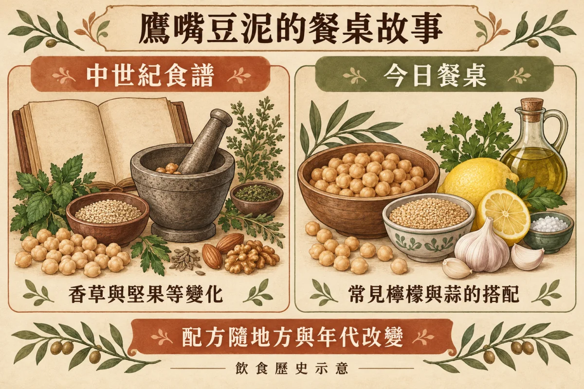 歷史示意圖:中世紀食譜使用香草與堅果等變化,今日常見檸檬與蒜的搭配,配方隨地方與年代改變。