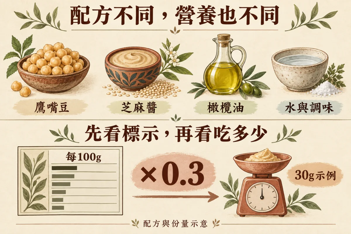 配方與份量示意圖:鷹嘴豆、芝麻醬、橄欖油、水與調味會影響配方;每100g營養數值乘0.3可換算成30g示例。
