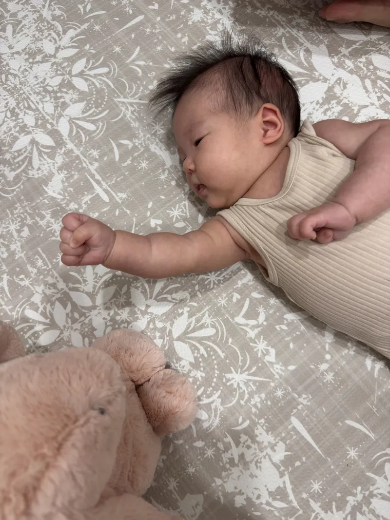 孩子躺在米色枝葉 Playzu 地墊上，身旁放著兔子玩偶