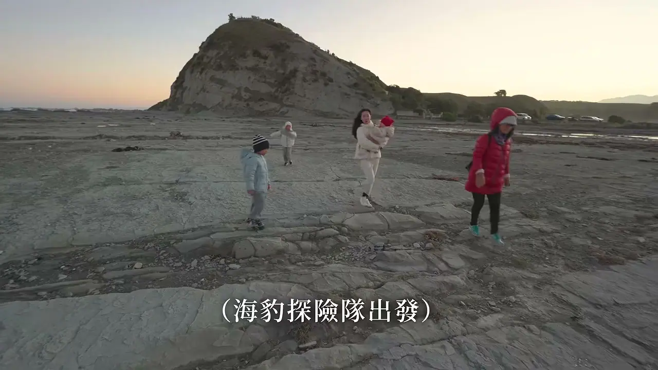 家人在海岸岩台與小丘前散步