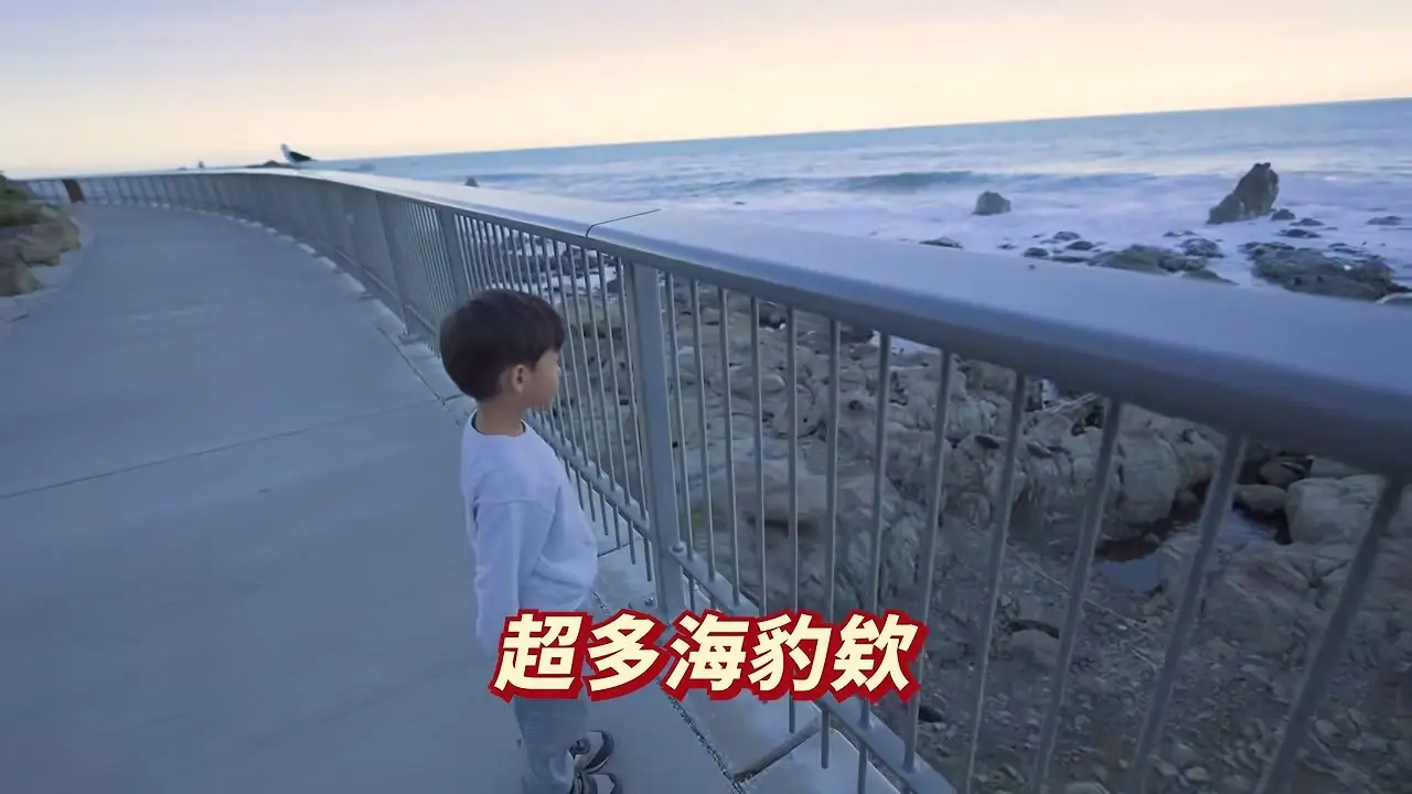 孩子站在 Ōhau Point 觀景步道護欄旁看海岸