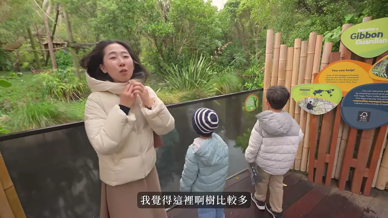 家人在 Wellington Zoo 長臂猿展區標示旁參觀